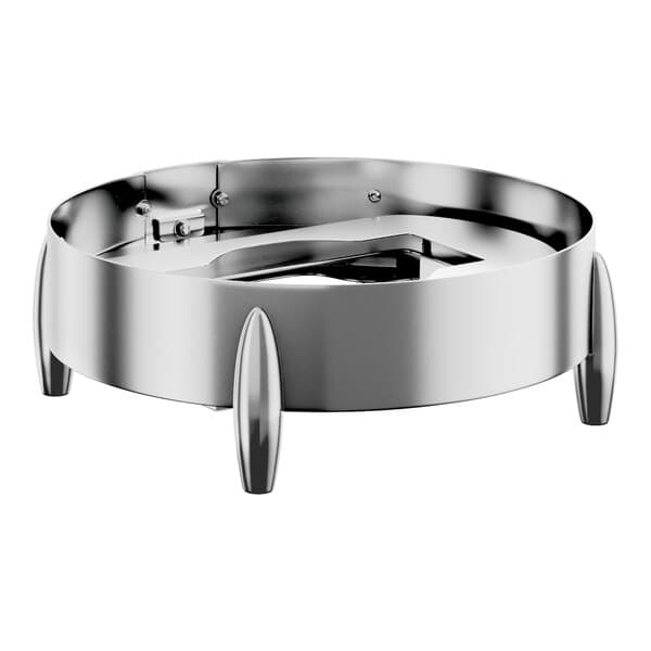 A round stainless steel chafer stand with three legs and a built-in fuel holder.