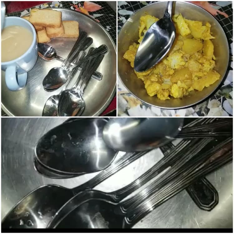 We really like 18/8 steel. Very shiny and strong spoons. Edges are rounded for added comfort. Extremely nice spoons.