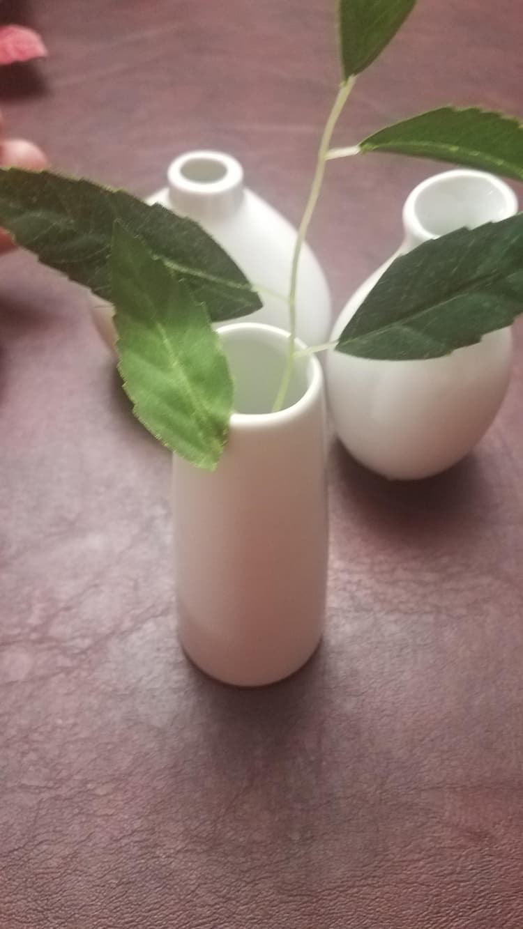 These white porcelain vases made by acopa are perfect for centerpieces with one small flower bud in them very nice product at a very good price.