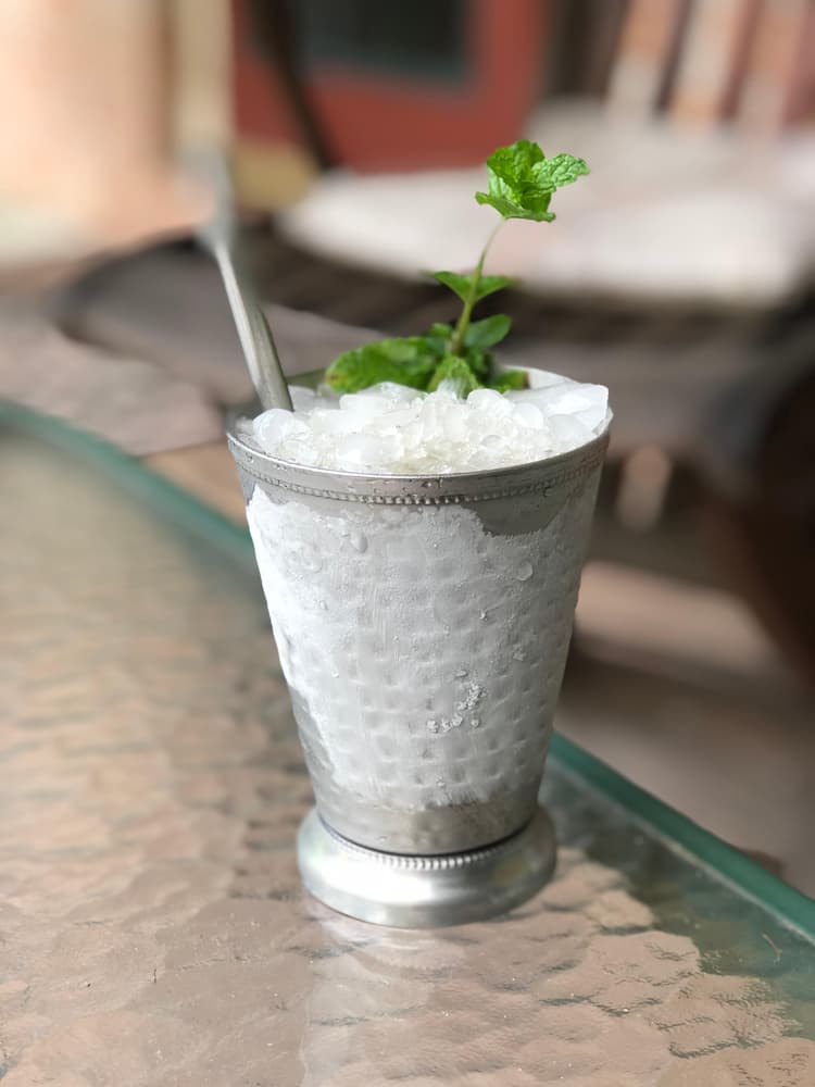 I was serving mint juleps in glass, and didn't know what I was missing by not using these steel cups. What I love the most is that I can put one of these in the freezer to chill and it gets ice cold much, much quicker than glass does! And the frost you see in this picture, which is part of the summery ritual, is much more prominent on metal than on glass. All the more reason to hold your mint julep cup by the base, as the tradition goes. Plenty of room for enough crushed ice in these 16-ouncers. People call the drink a Mint Julep; I call it a Bourbon Mint Slushy. Down the hatch. We'll be making a lot more of these now that we have the proper cups. Our mint is in its prime but won't last forever. Now's the time!