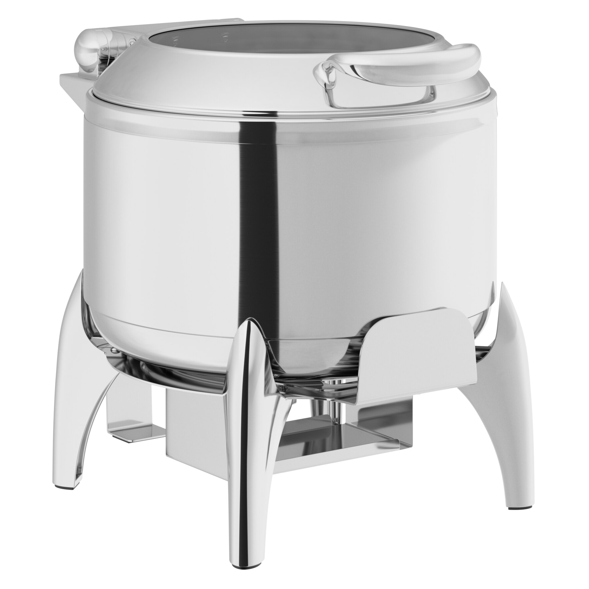 Voyage 11 Qt. Round Stainless Steel Induction Soup Chafer with Glass Top, Soft-Close Lid, and Stand with Fuel Holder