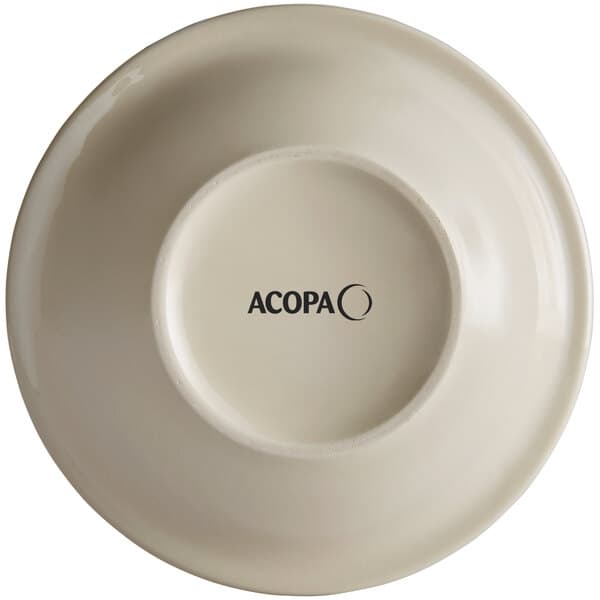 An Acopa brown speckle stoneware bowl with a narrow rim and black text.