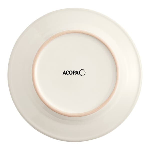 An ivory stoneware plate with a wide rolled edge and brown trim.