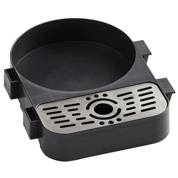 A black and silver circular Acopa airpot rack with a drip tray and holes.