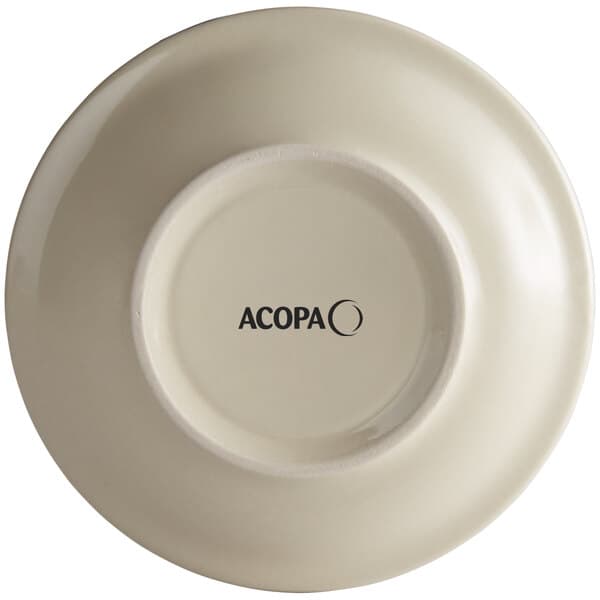 An Acopa brown speckle narrow rim stoneware saucer with black text.