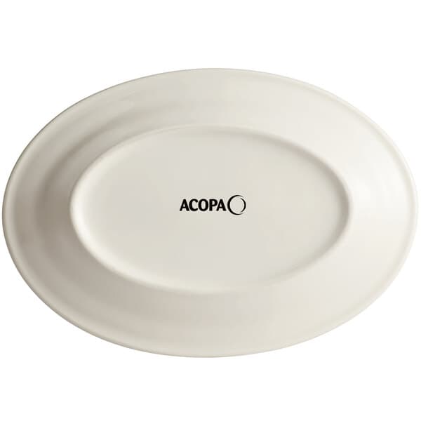An ivory stoneware oval platter with a wide rim and rolled edge with "Acopa" in black text.