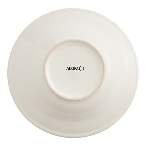 An ivory stoneware soup bowl with a wide rim and black text on the rim.