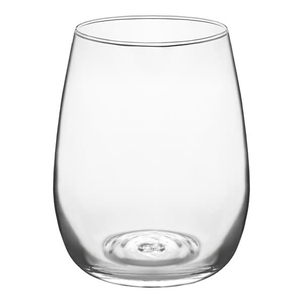 A clear, stemless wine glass with a 15 oz. capacity.