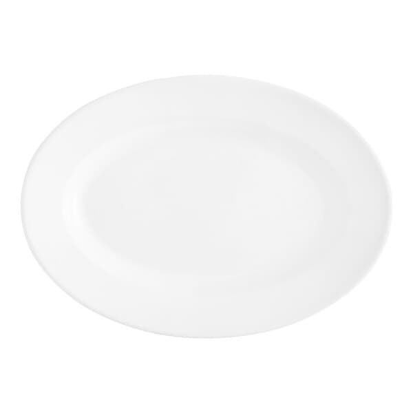 An Acopa bright white stoneware platter with a wide, round rim.
