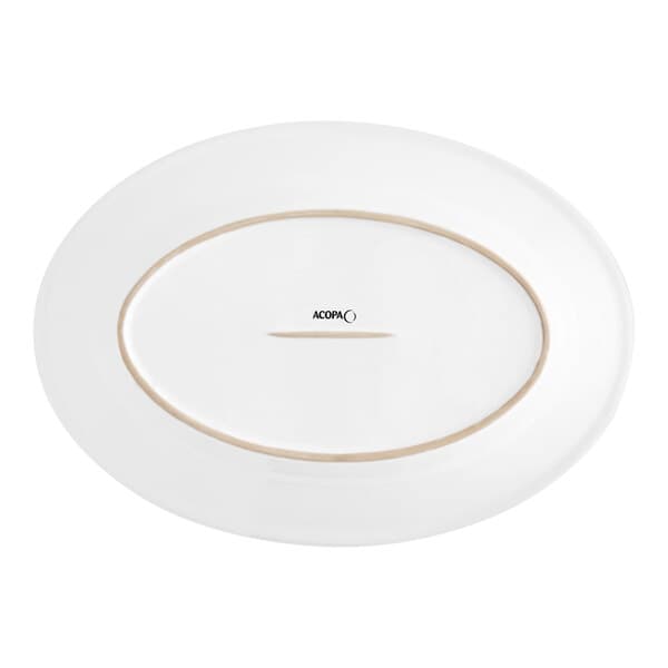 An Acopa bright white stoneware oval platter with a brown rolled edge.