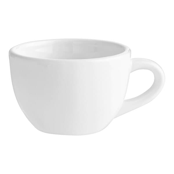 An Acopa bright white stoneware cup with a handle.