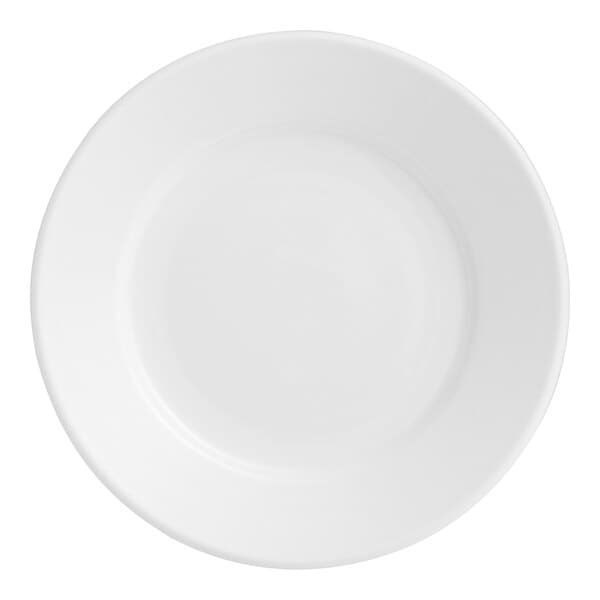 An Acopa bright white stoneware plate with a wide rolled edge.