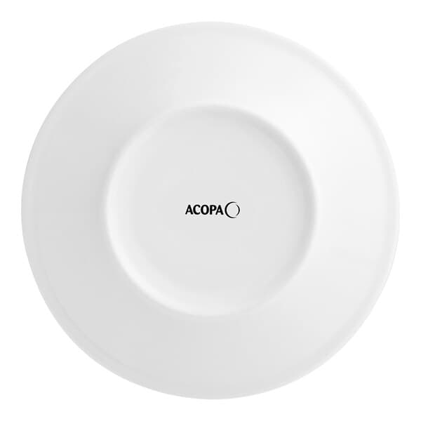 An Acopa bright white stoneware plate with a black rolled edge.