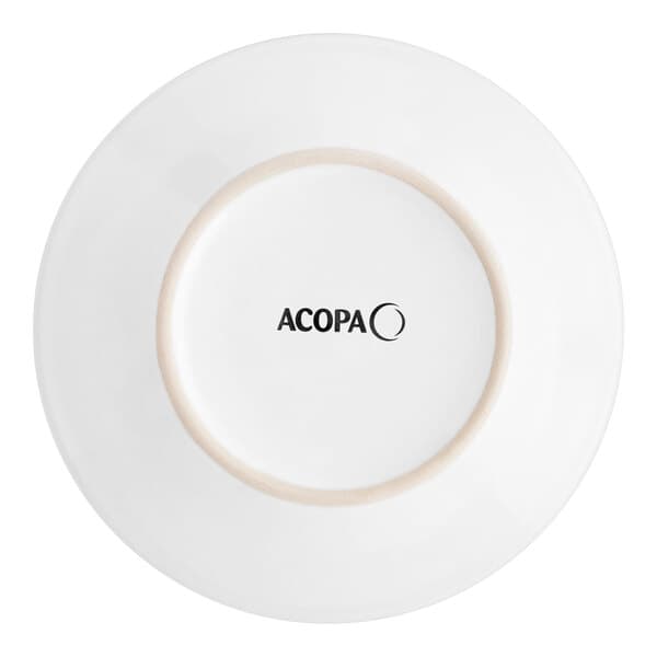 An Acopa bright white stoneware plate with rolled edges and a wide rim with black text that says "Acopa" on it.
