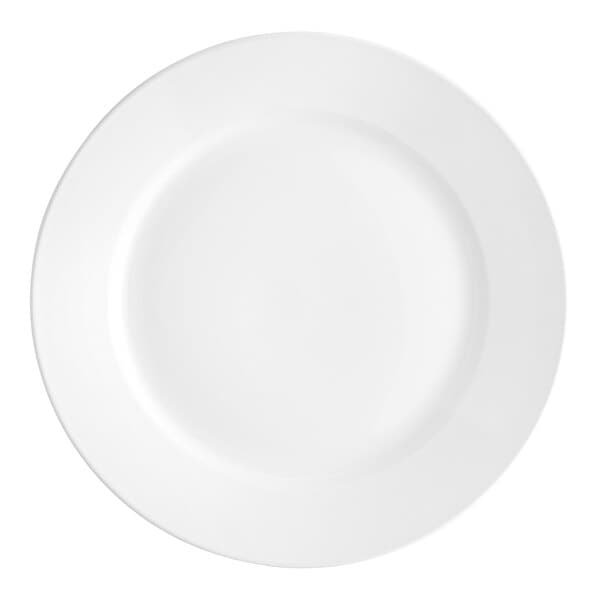 An Acopa Bright White stoneware plate with a wide, round edge.