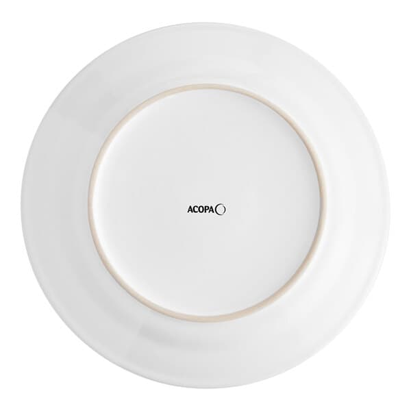 An Acopa bright white stoneware plate with a wide rolled edge.