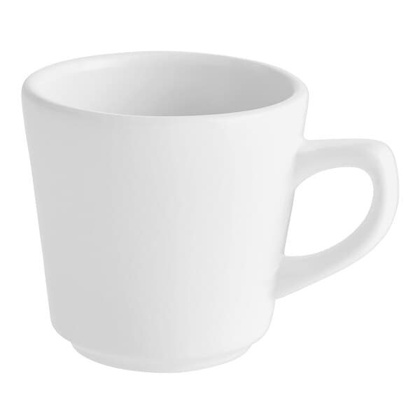 An Acopa bright white stoneware tall cup with a handle.