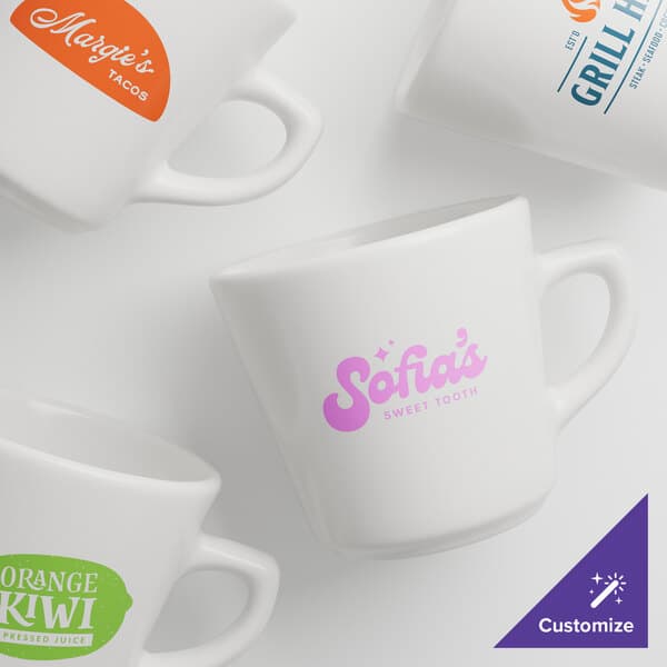 A group of Acopa white stoneware tall cups with different colored logos.