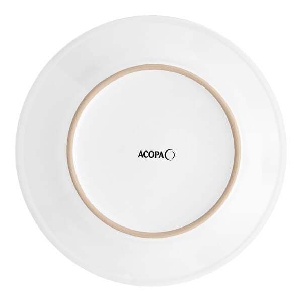 An Acopa bright white stoneware plate with a brown rolled edge.
