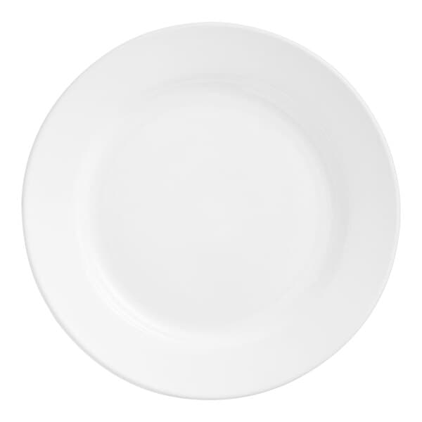 An Acopa Bright White stoneware plate with a wide rim and rolled edge on a white background.