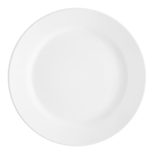 An Acopa bright white stoneware plate with a wide, round rim.