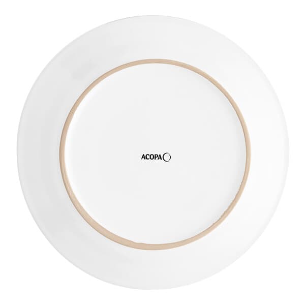 An Acopa bright white stoneware plate with a brown rim.