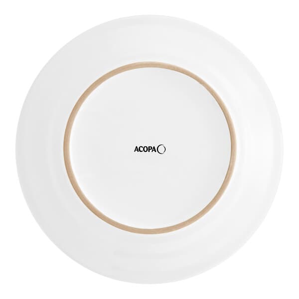 An Acopa bright white stoneware plate with a brown rim.