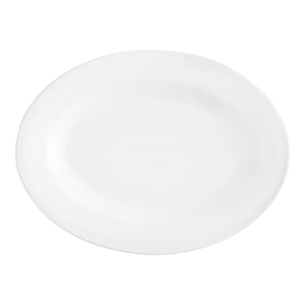 An Acopa bright white stoneware oval platter on a white background.