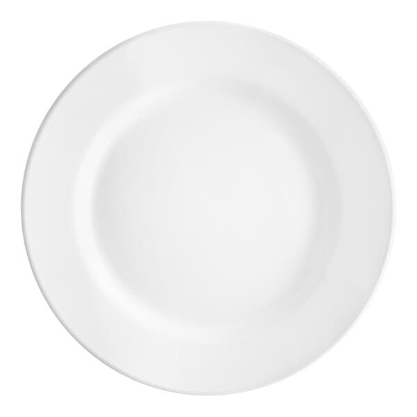 An Acopa bright white stoneware plate with a wide, round edge and white border.