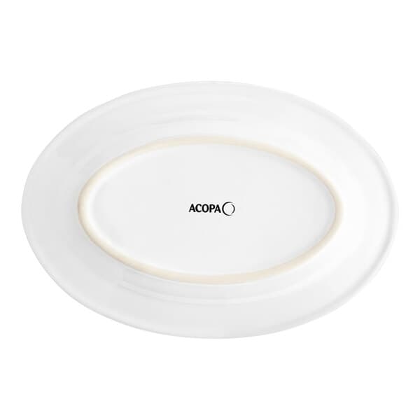A white oval Acopa stoneware platter with a white border.