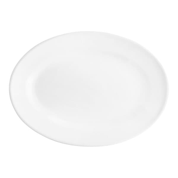 An oval bright white stoneware platter with a wide rim.