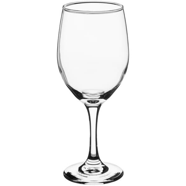 A close-up of a clear Acopa wine glass with a stem.