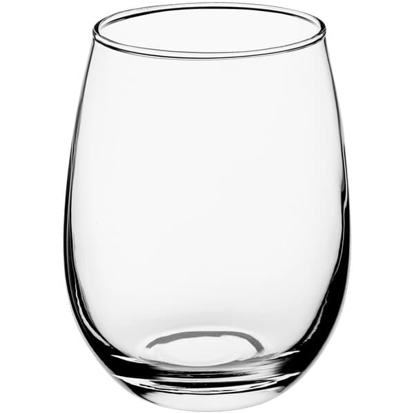 A clear glass Acopa stemless wine glass.