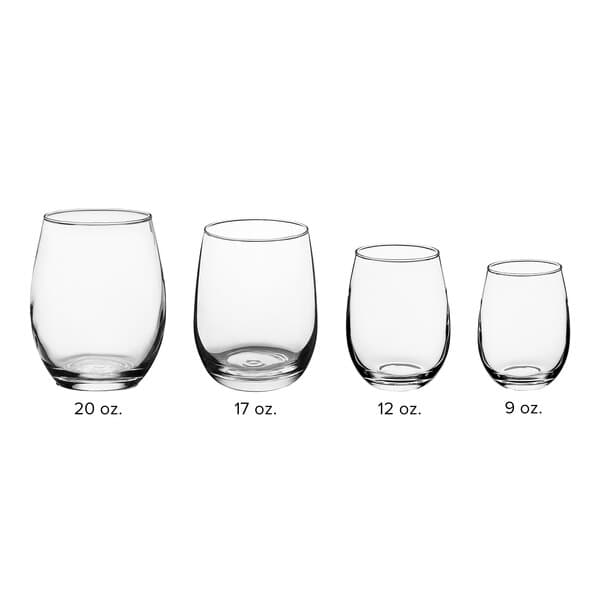 A row of Acopa stemless wine glasses with a clear glass with a black band.