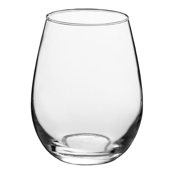 A clear 12 oz. stemless wine glass with a rounded shape.