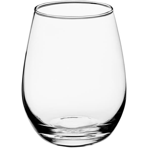 An Acopa stemless wine glass with a clear glass and silver rim.