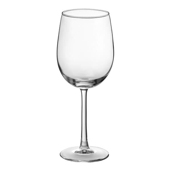 A clear, stemmed wine glass with a rounded bowl, designed to hold 16 ounces.