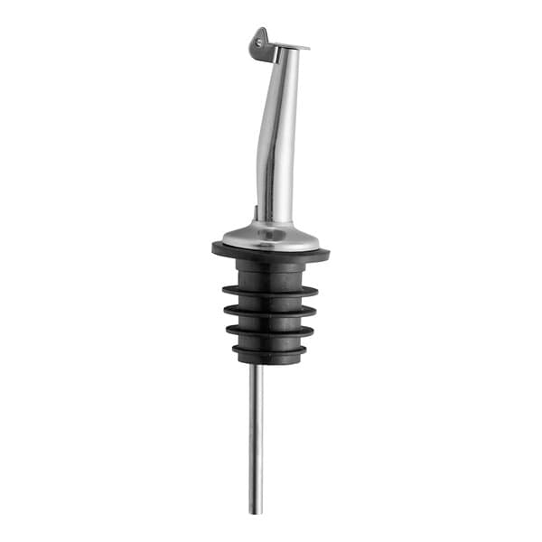 A stainless steel tapered liquor pourer with a black rubber stopper and a flip cap.