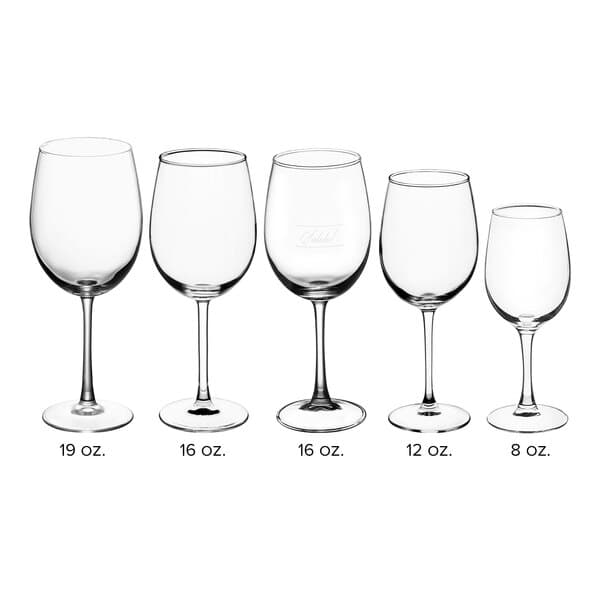 A row of Acopa Select Flora wine glasses with different sizes on a white background.