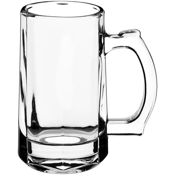 A clear glass Acopa beer mug with a handle.