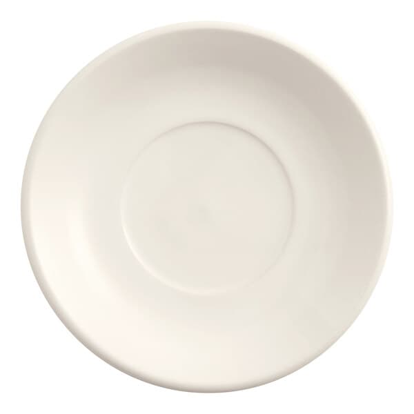 An Acopa ivory stoneware saucer with a wide white rim and a circle in the middle.