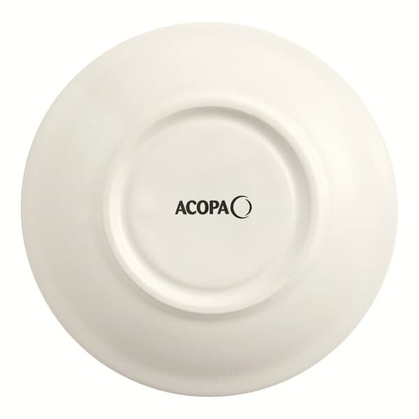 An Acopa ivory stoneware saucer with a logo in black text.