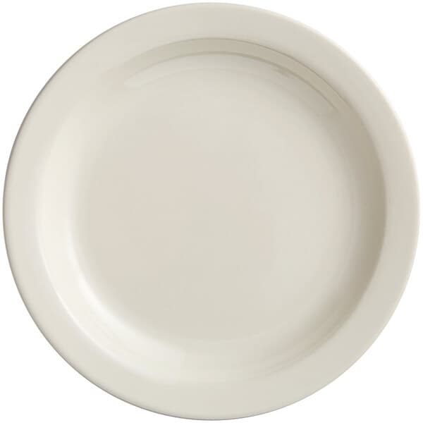 An Acopa ivory stoneware plate with a narrow white rim.