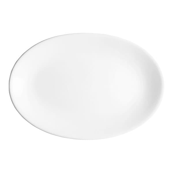 An Acopa bright white oval stoneware platter with a white background.