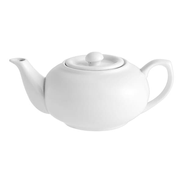 An Acopa bright white porcelain teapot with a sunken lid.