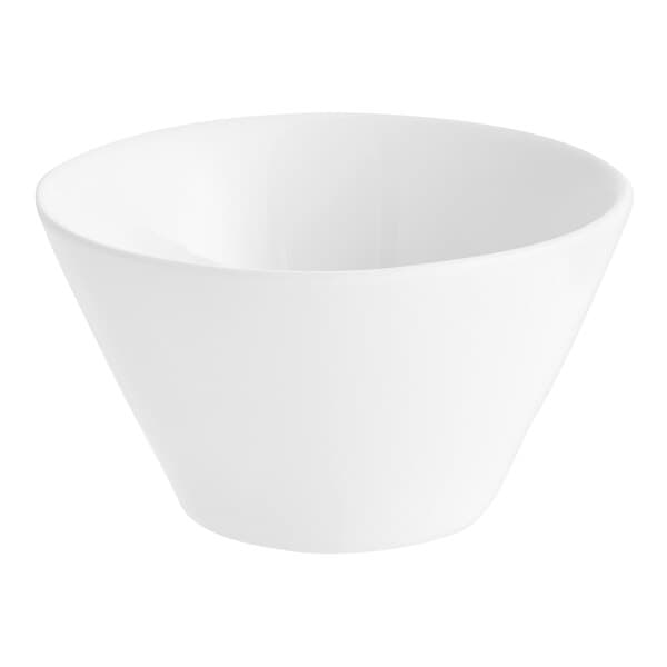 An Acopa bright white porcelain bouillon bowl with a curved edge on a white background.
