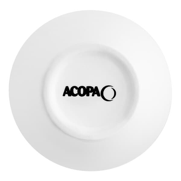 A white Acopa porcelain bouillon with black text on the surface.