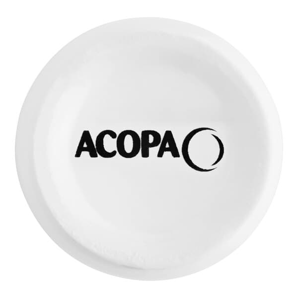 A white Acopa ramekin with black text on it.