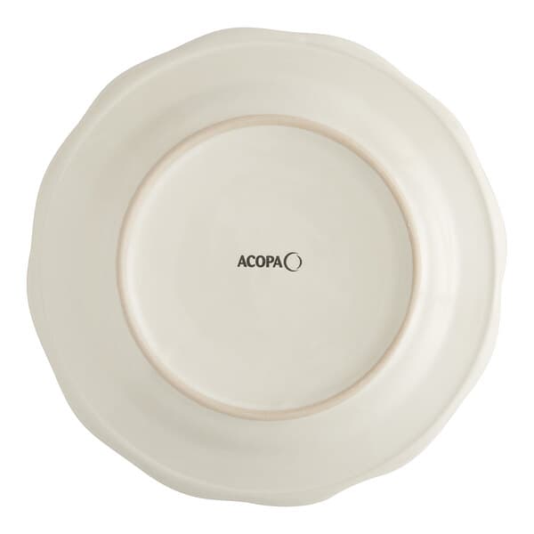 An ivory stoneware plate with black scalloped text that reads "Acopa"