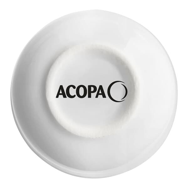 An Acopa bright white sake cup with black text reading "Acopa"